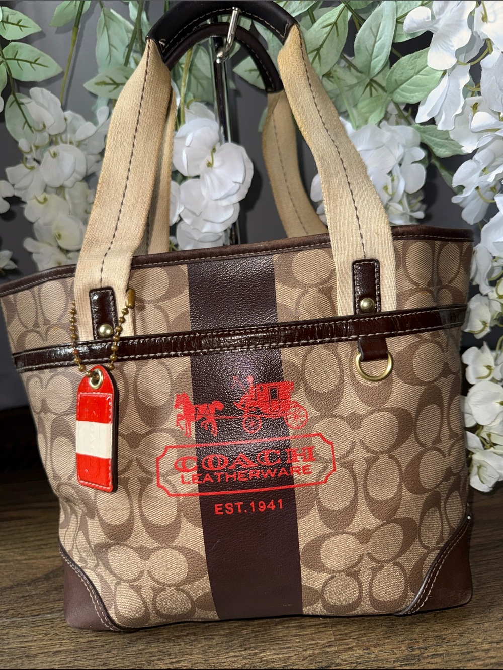 Coach Brown Signature Canvas Tote with Red Logo Accent